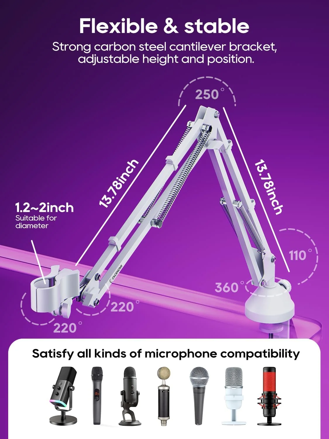 بازوی میکروفون، پایه رومیزی تاشو با آداپتور پیچ 3/8 اینچ به 5/8 اینچ، پایه میکروفون قابل تنظیم برای پادکست، بازی و ضبط - سفید