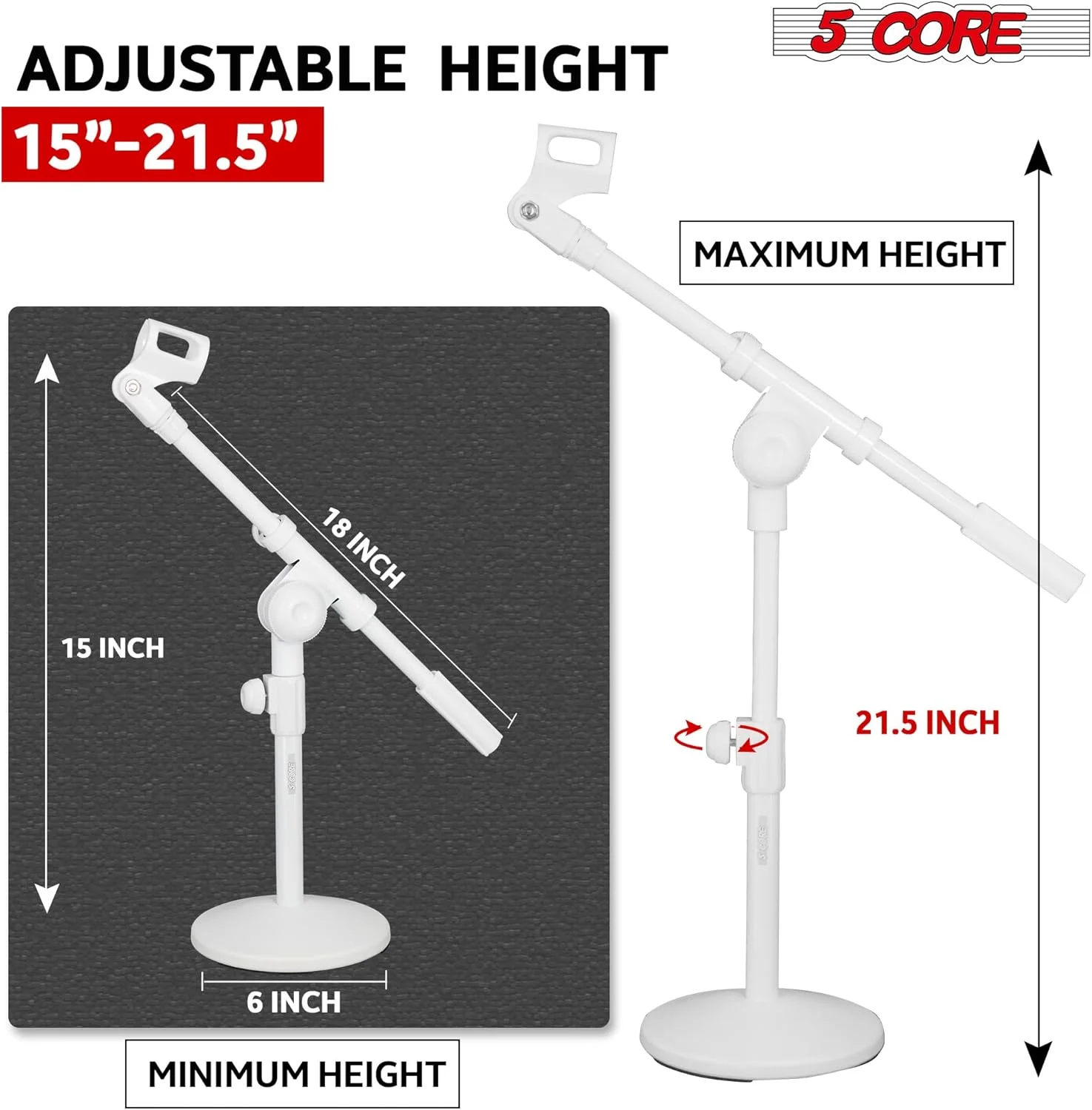 پایه میکروفون رومیزی 5 هسته ای سفید • بازوی بوم قابل تنظیم با ارتفاع قابل افزایش • نگهدارنده میکروفون رومیزی با پایه گرد و پد ضد لغزش • گیره میکروفون جهانی و آداپتور رزوه 3/8 و 5/8 اینچی MSSB W پایه میکروفون رومیزی 5 هسته ای سفید • بازوی بوم قابل تنظیم با ارتفاع قابل افزایش • نگهدارنده میکروفون رومیزی با پایه گرد و پد ضد لغزش • گیره میکروفون جهانی و آداپتور رزوه 3/8 و 5/8 اینچی MSSB W