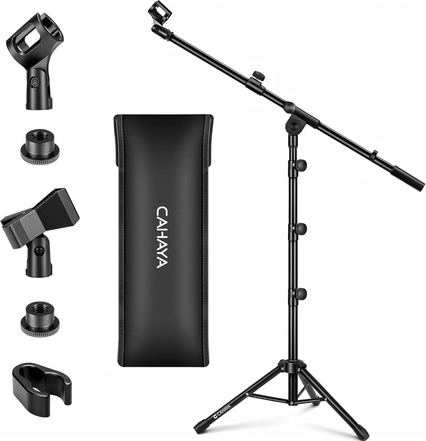پایه میکروفون بوم سه پایه CAHAYA - پایه میکروفون فلزی تاشو قابل حمل با کیف حمل و دو گیره میکروفون برای اجرای سخنرانی عروسی آواز و فضای باز