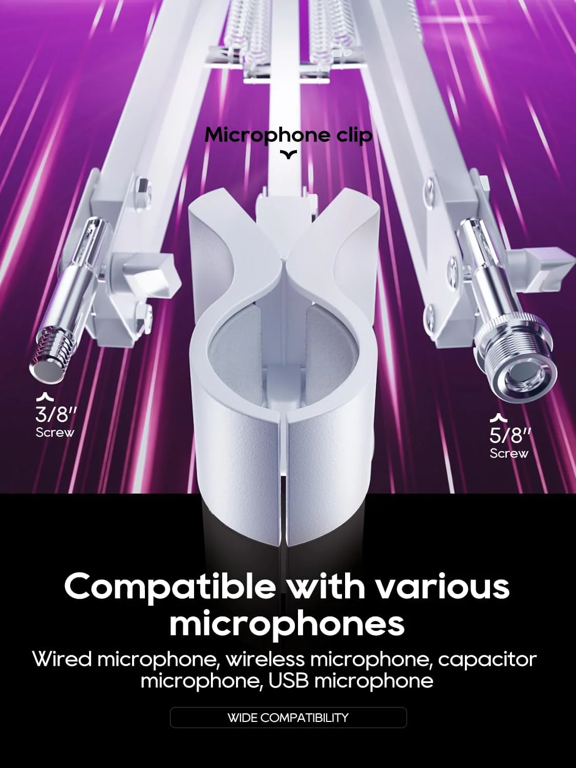 بازوی میکروفون، پایه رومیزی تاشو با آداپتور پیچ 3/8 اینچ به 5/8 اینچ، پایه میکروفون قابل تنظیم برای پادکست، بازی و ضبط - سفید