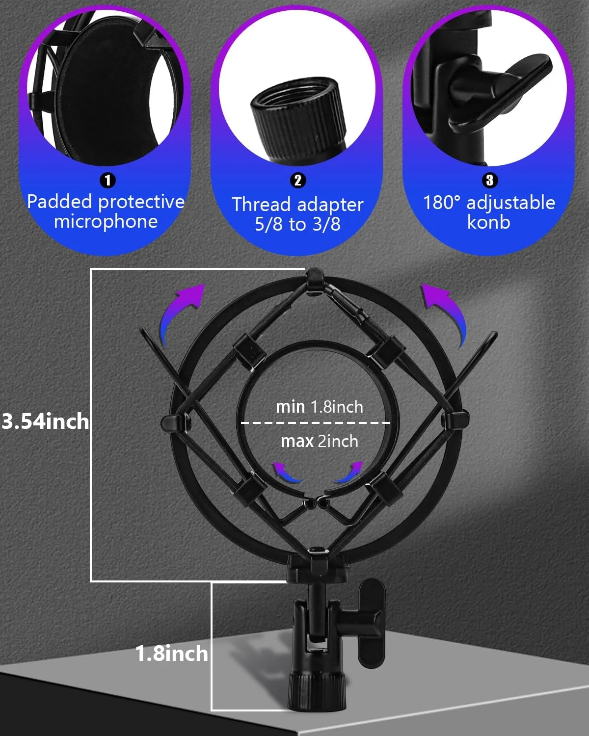 لرزه‌گیر میکروفون یونیورسال، نگهدارنده گیره میکروفون برای میکروفون با قطر 47 تا 53 میلی‌متر، ضد لرزش، با قابلیت تنظیم و جداسازی بالا