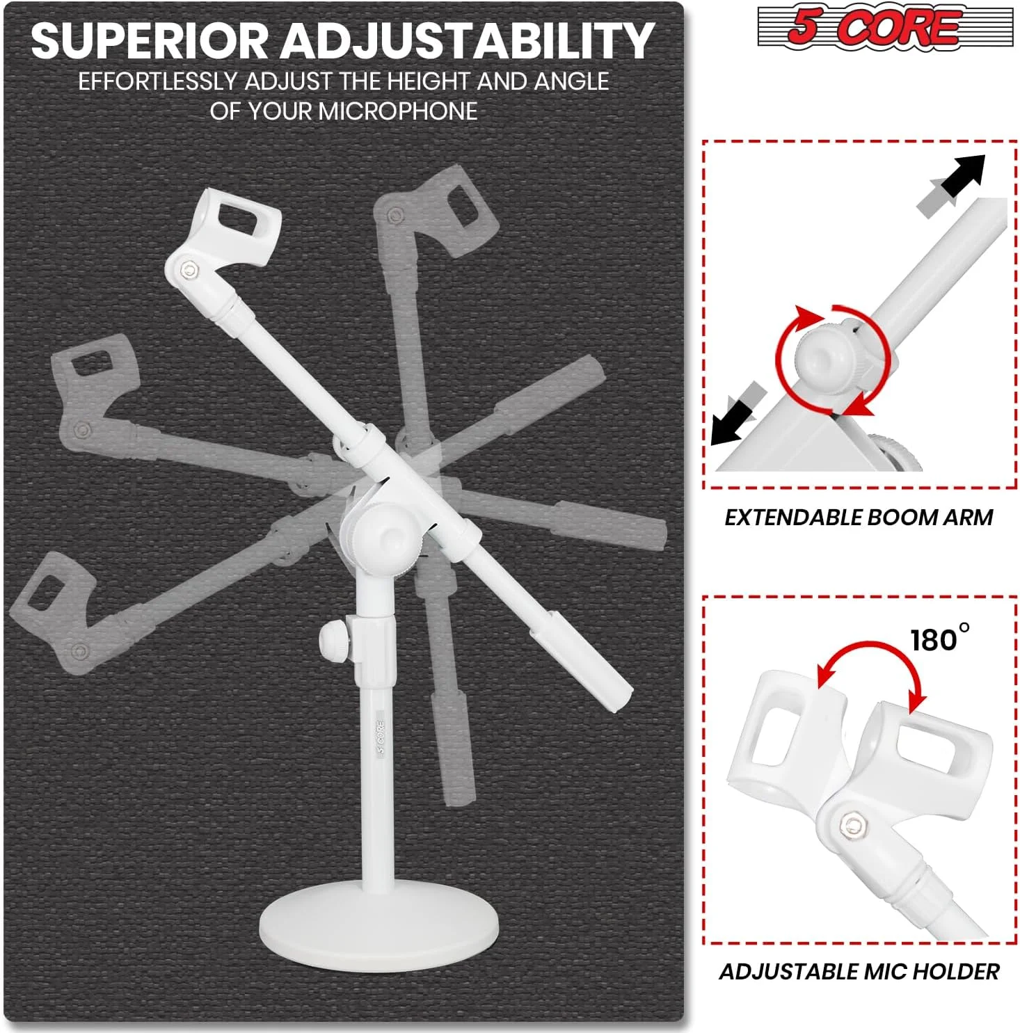 پایه میکروفون رومیزی 5 هسته ای سفید • بازوی بوم قابل تنظیم با ارتفاع قابل افزایش • نگهدارنده میکروفون رومیزی با پایه گرد و پد ضد لغزش • گیره میکروفون جهانی و آداپتور رزوه 3/8 و 5/8 اینچی MSSB W پایه میکروفون رومیزی 5 هسته ای سفید • بازوی بوم قابل تنظیم با ارتفاع قابل افزایش • نگهدارنده میکروفون رومیزی با پایه گرد و پد ضد لغزش • گیره میکروفون جهانی و آداپتور رزوه 3/8 و 5/8 اینچی MSSB W