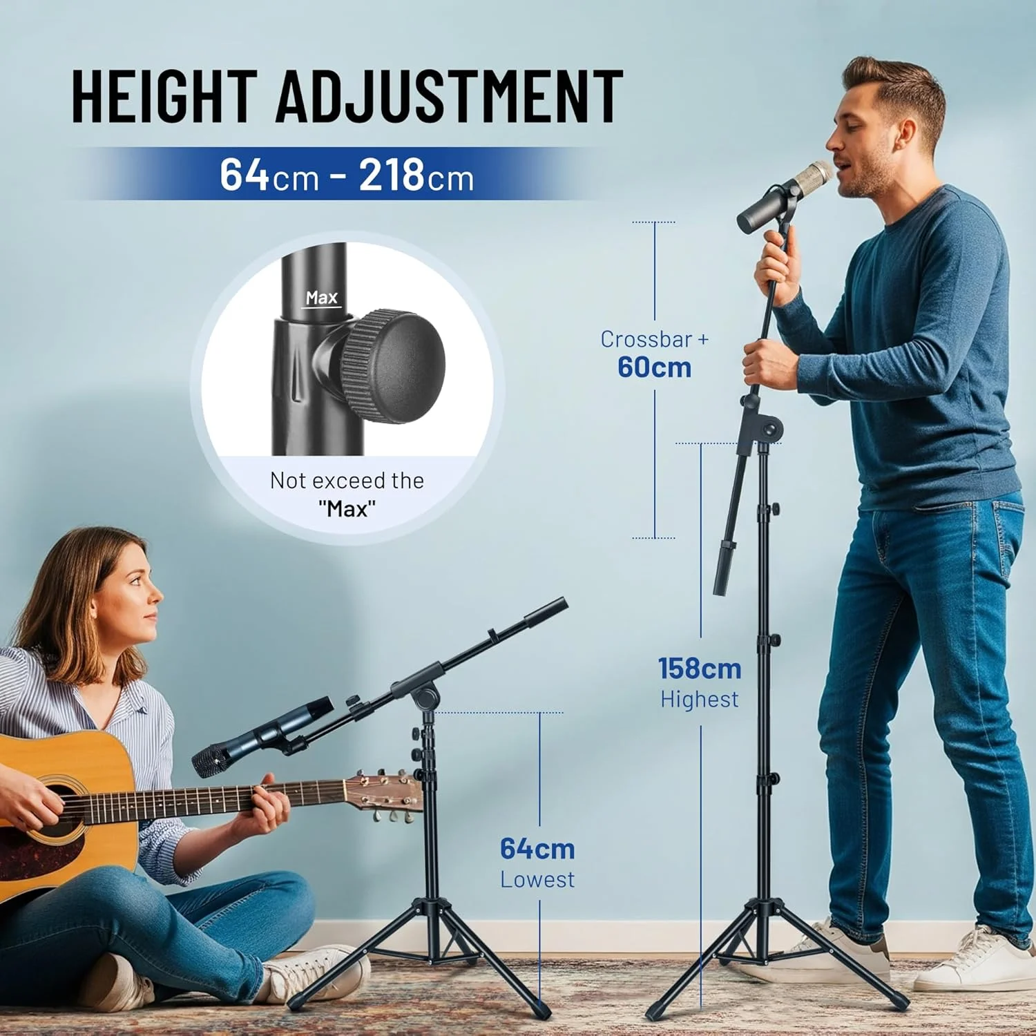 پایه میکروفون بوم سه پایه CAHAYA - پایه میکروفون فلزی تاشو قابل حمل با کیف حمل و دو گیره میکروفون برای اجرای سخنرانی عروسی آواز و فضای باز