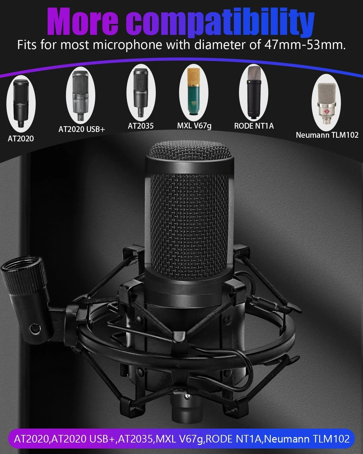 لرزه‌گیر میکروفون یونیورسال، نگهدارنده گیره میکروفون برای میکروفون با قطر 47 تا 53 میلی‌متر، ضد لرزش، با قابلیت تنظیم و جداسازی بالا