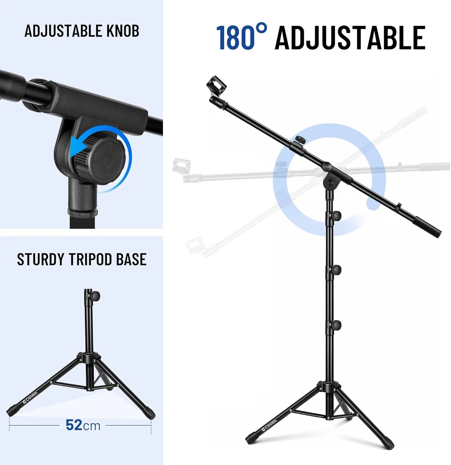 پایه میکروفون بوم سه پایه CAHAYA - پایه میکروفون فلزی تاشو قابل حمل با کیف حمل و دو گیره میکروفون برای اجرای سخنرانی عروسی آواز و فضای باز