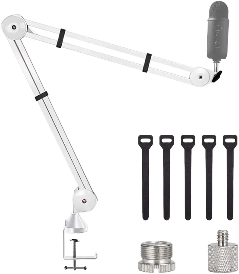بازوی بوم میکروفون BOMGE، پایه میکروفون گیره قابل تنظیم استودیویی بازوی قیچی تعلیق برای میکروفون های رادیویی و بازی (سفید)