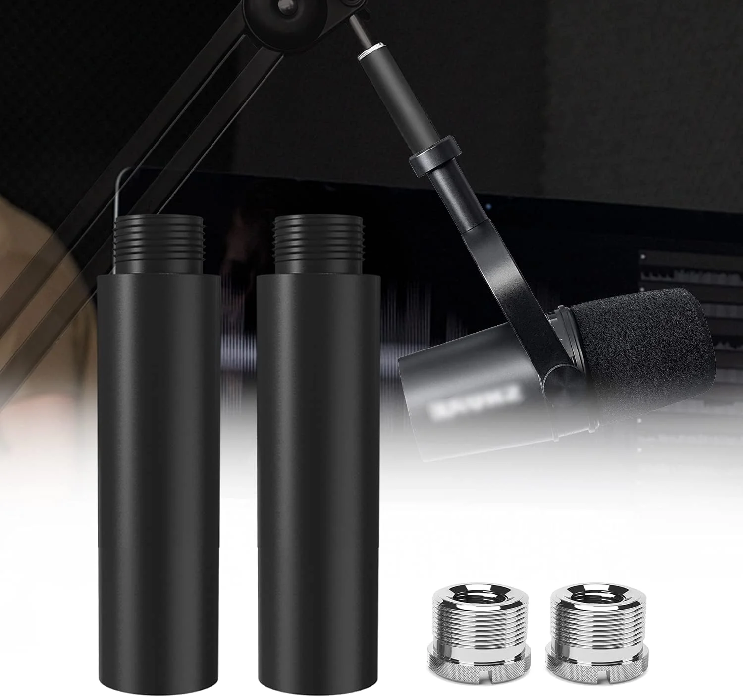 لوله افزایش ارتفاع پایه میکروفون، 5/8 اینچ مادگی به 5/8 اینچ نری، لوله افزایش دهنده پایه میکروفون به همراه 2 عدد آداپتور پیچی برای پایه های بازویی رومیزی، 2 عدد