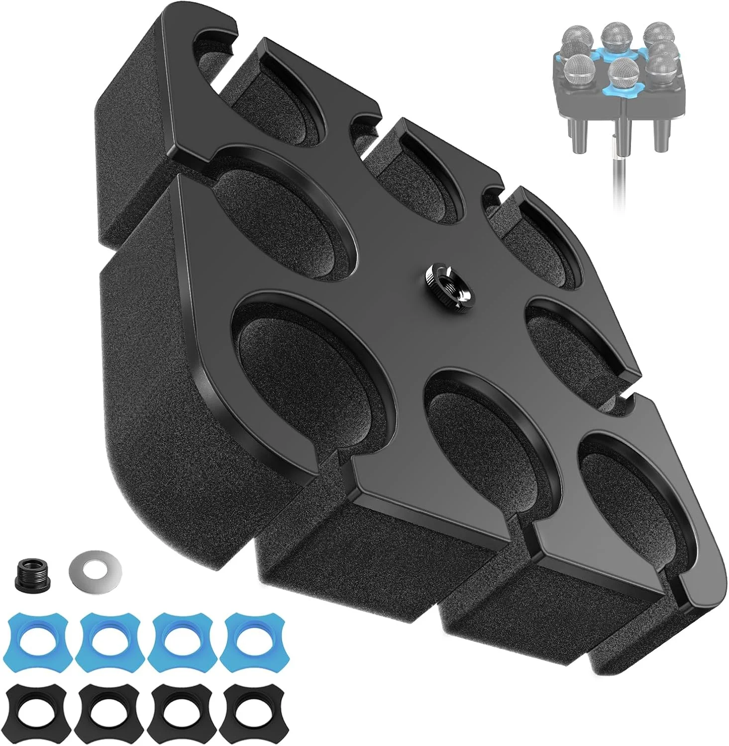 نگهدارنده چندگانه میکروفون (آلومینیومی) برای میکروفون های دستی داینامیک، سیم دار و بی سیم، سینی مربعی شکل با قابلیت نگهداری تا 8 میکروفون، مناسب برای سازماندهی و نمایش روی استیج