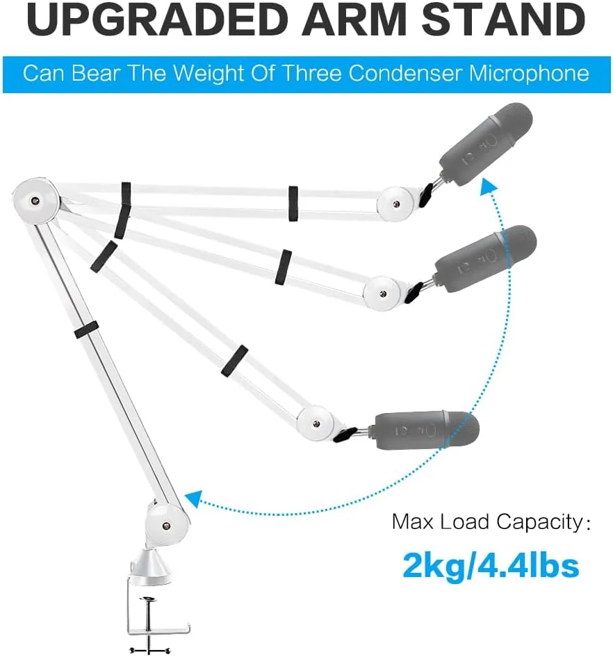 بازوی بوم میکروفون BOMGE، پایه میکروفون گیره قابل تنظیم استودیویی بازوی قیچی تعلیق برای میکروفون های رادیویی و بازی (سفید)