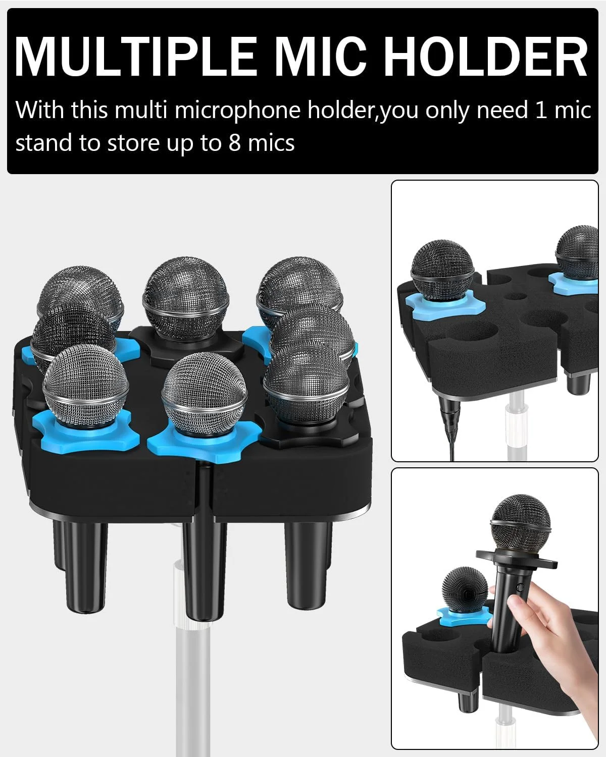 نگهدارنده چندگانه میکروفون (آلومینیومی) برای میکروفون های دستی داینامیک، سیم دار و بی سیم، سینی مربعی شکل با قابلیت نگهداری تا 8 میکروفون، مناسب برای سازماندهی و نمایش روی استیج