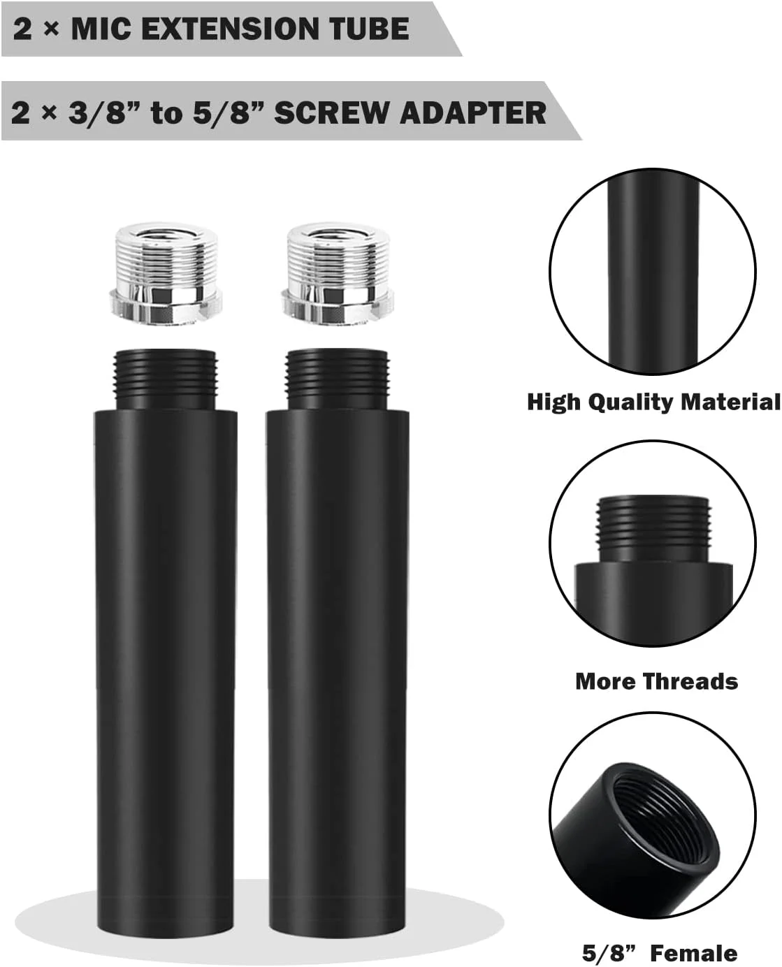 لوله افزایش ارتفاع پایه میکروفون، 5/8 اینچ مادگی به 5/8 اینچ نری، لوله افزایش دهنده پایه میکروفون به همراه 2 عدد آداپتور پیچی برای پایه های بازویی رومیزی، 2 عدد