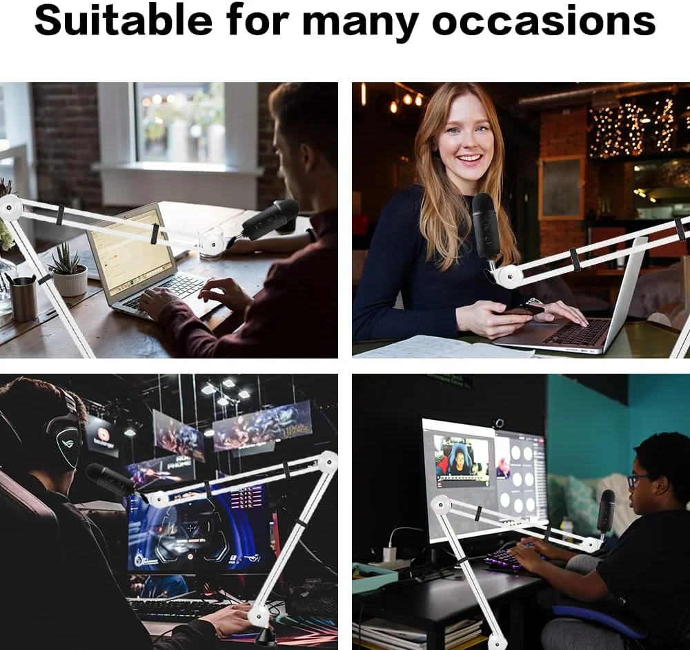 بازوی بوم میکروفون BOMGE، پایه میکروفون گیره قابل تنظیم استودیویی بازوی قیچی تعلیق برای میکروفون های رادیویی و بازی (سفید)