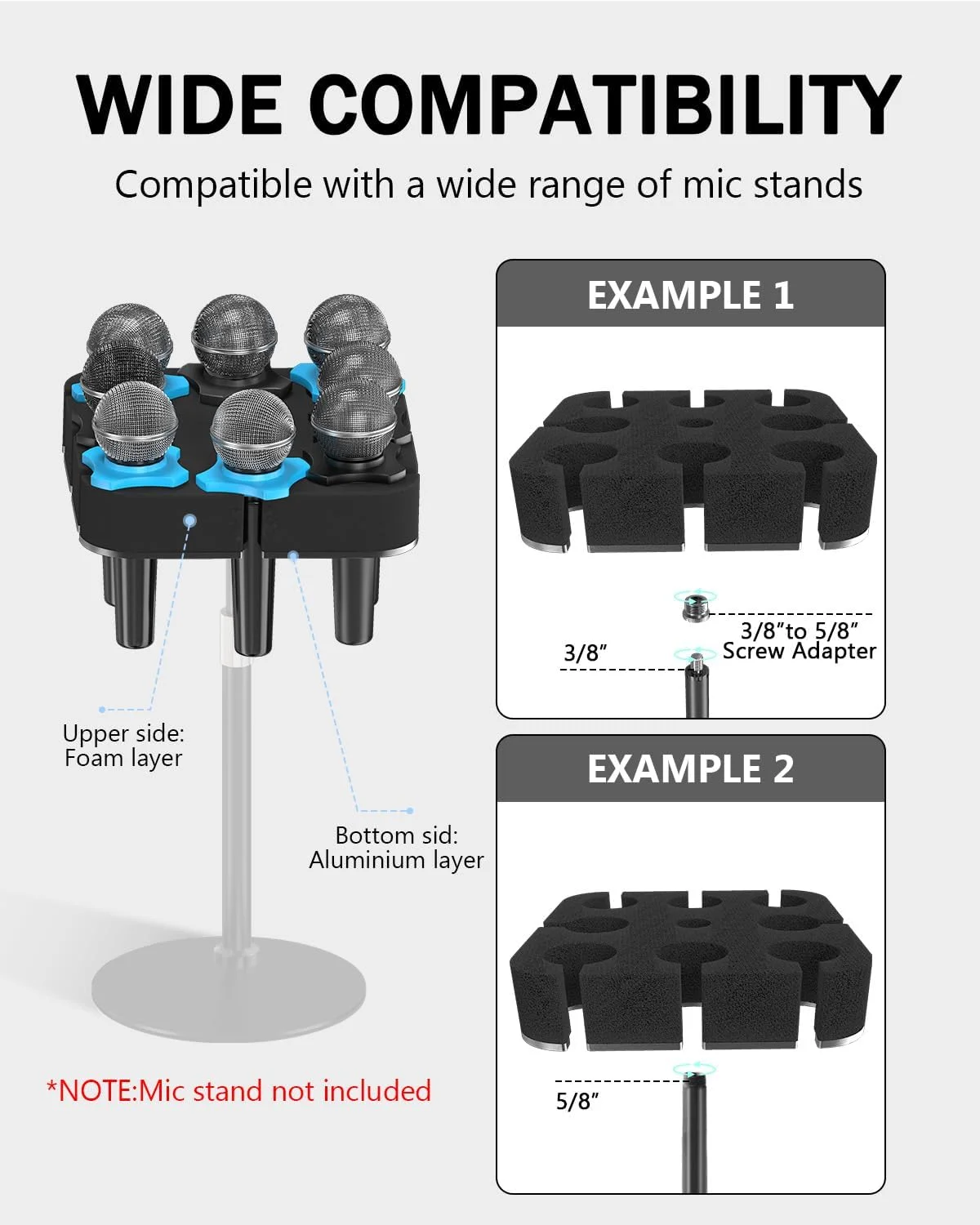 نگهدارنده چندگانه میکروفون (آلومینیومی) برای میکروفون های دستی داینامیک، سیم دار و بی سیم، سینی مربعی شکل با قابلیت نگهداری تا 8 میکروفون، مناسب برای سازماندهی و نمایش روی استیج