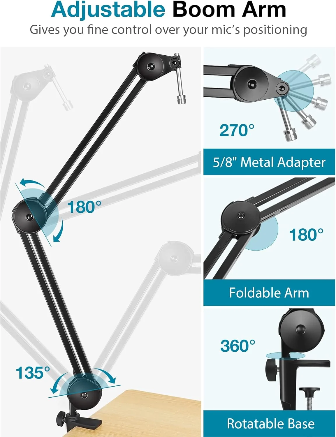 پایه بازوی میکروفون InnoGear، پایه بازویی میکروفون با دوام و قیچی‌مانند به همراه گیره میکروفون و بست‌های کابل برای بازی (متوسط)
