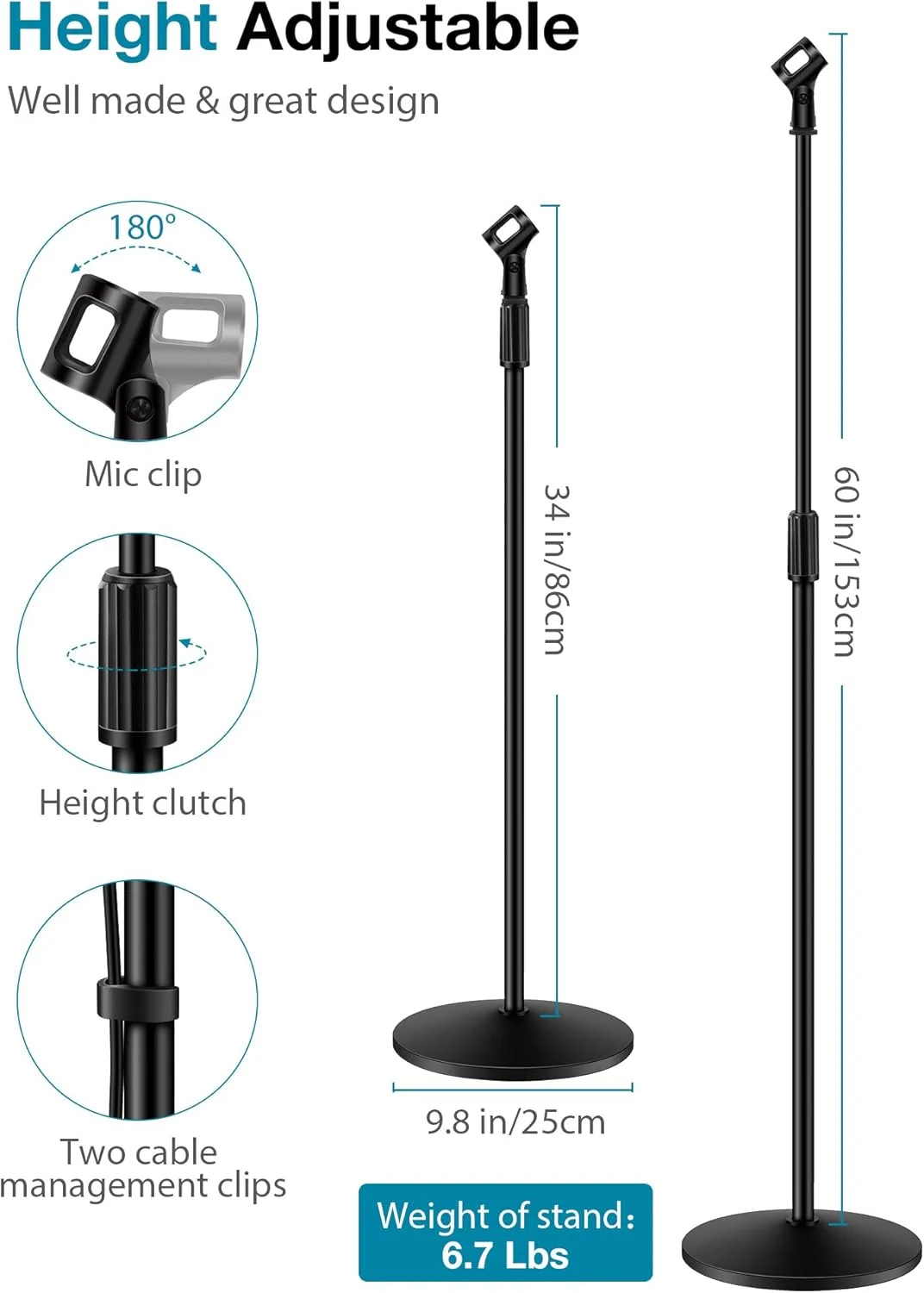 پایه میکروفون InnoGear، پایه های بازوی میکروفون بوم جداشدنی با پایه گرد وزنی، ارتفاع قابل تنظیم از 86 تا 152 سانتی متر برای میکروفون های مختلف