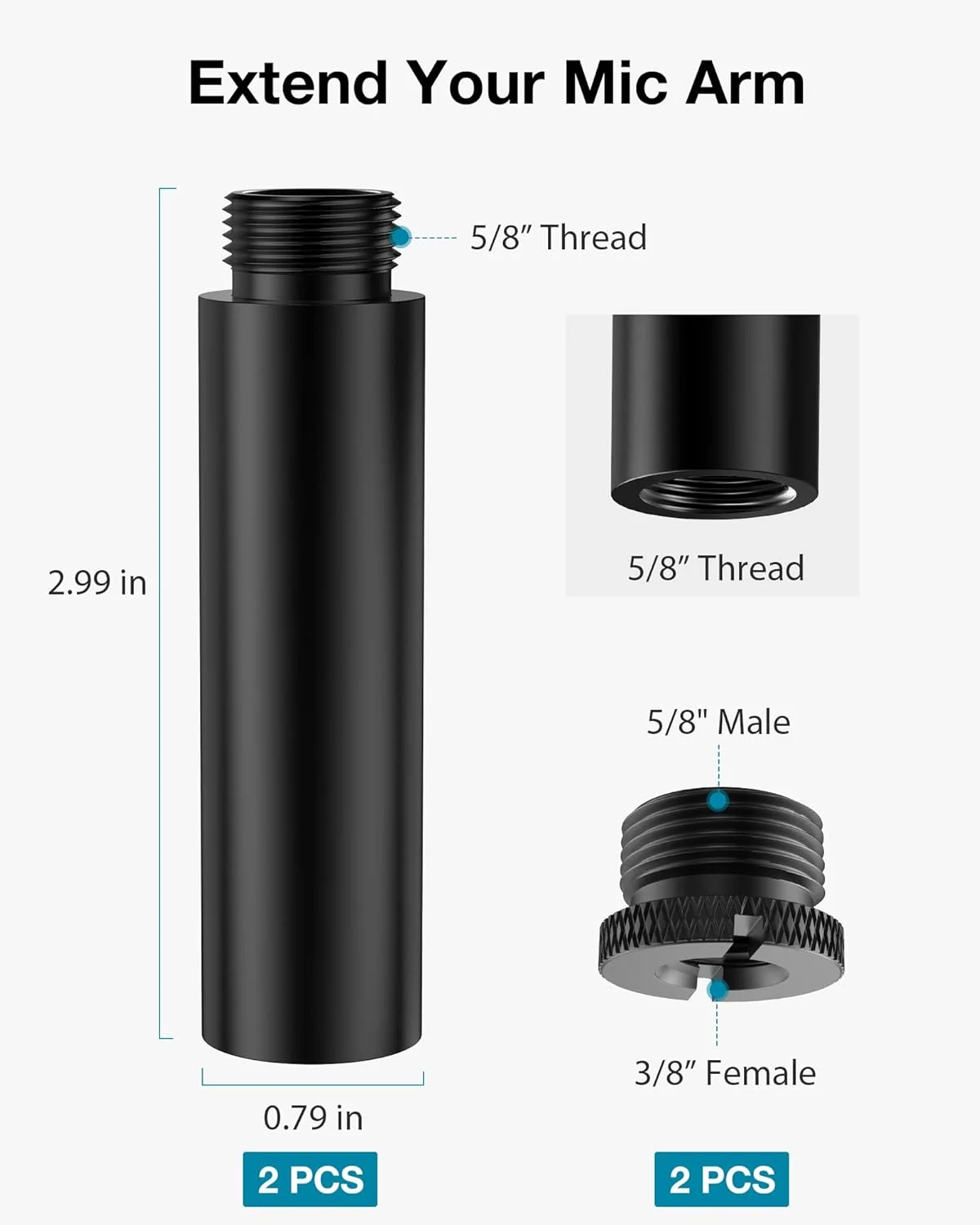 لوله افزایش ارتفاع پایه میکروفون InnoGear، دو عدد لوله افزایش دهنده میکروفون با رزوه 5/8 اینچ به همراه 2 عدد تبدیل فلزی 3/8 اینچ به 5/8 اینچ برای بازوی پایه میکروفون رومیزی