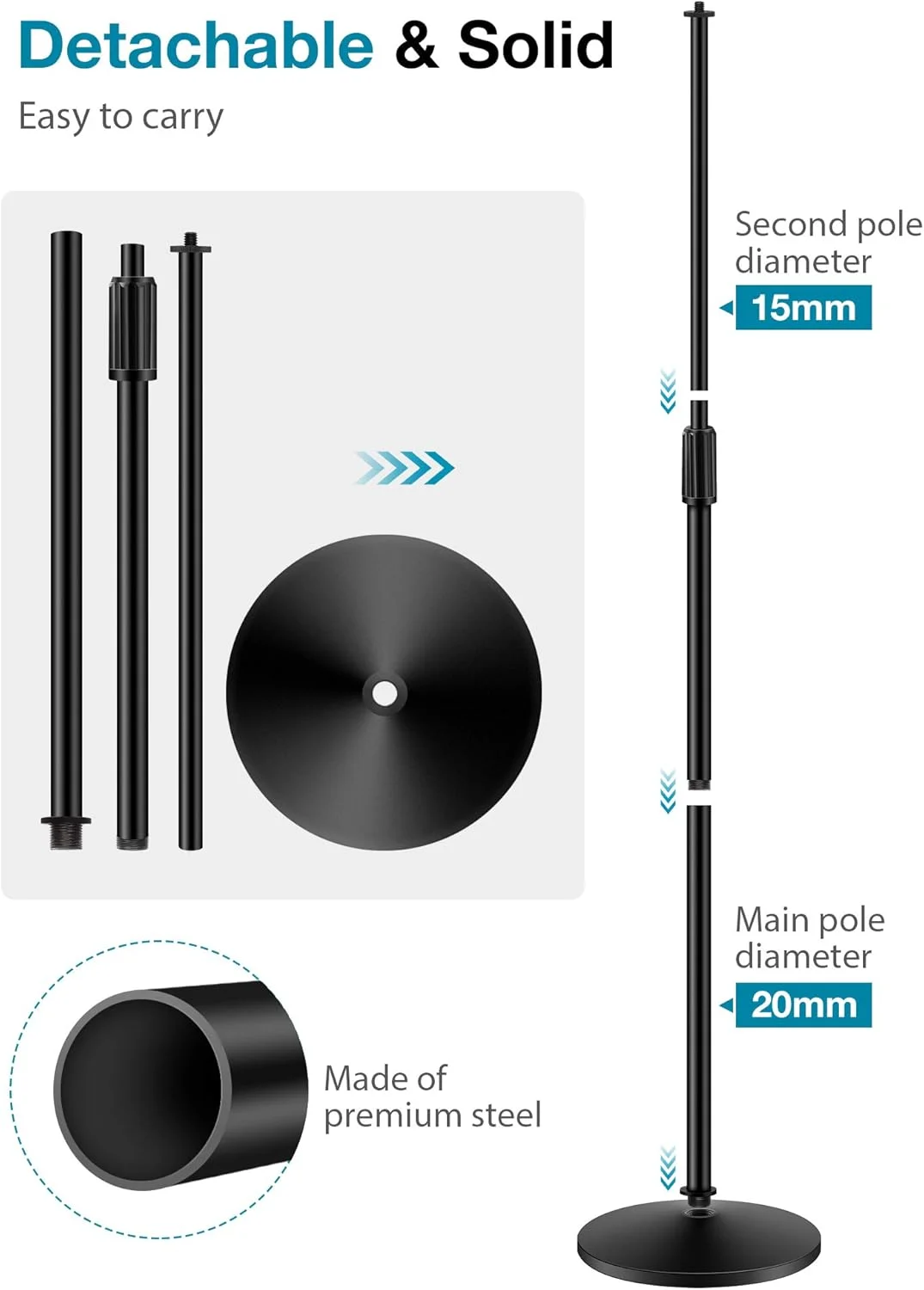 پایه میکروفون InnoGear، پایه های بازوی میکروفون بوم جداشدنی با پایه گرد وزنی، ارتفاع قابل تنظیم از 86 تا 152 سانتی متر برای میکروفون های مختلف