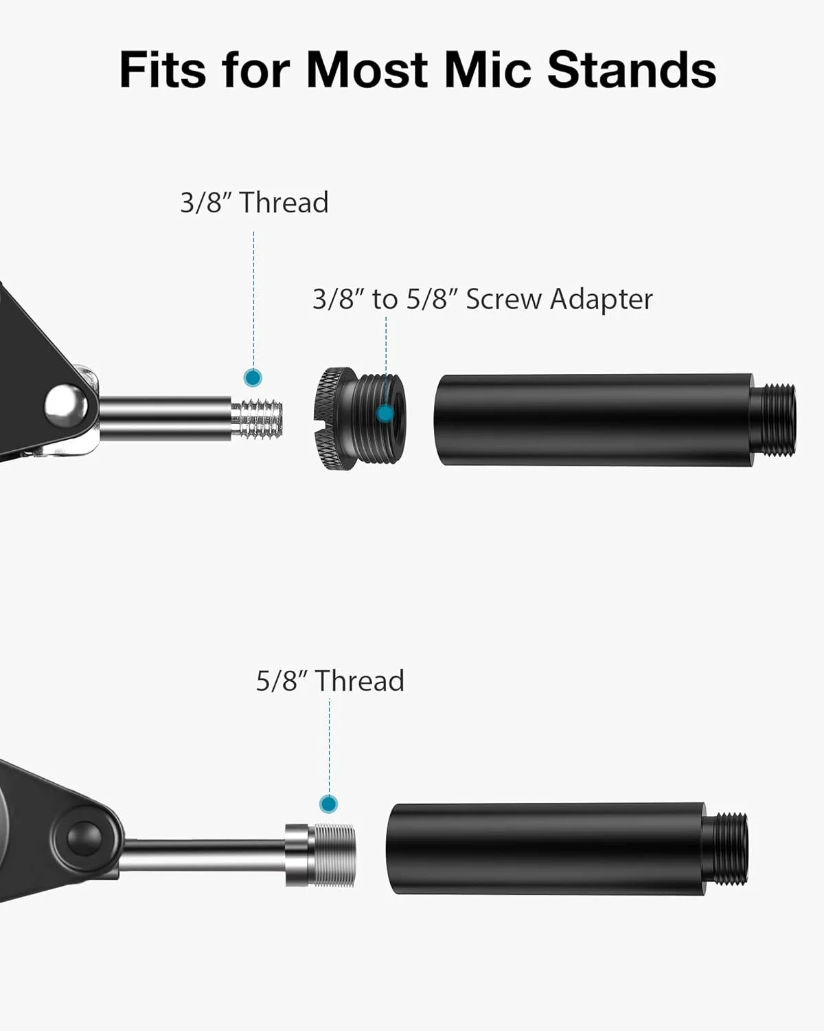 لوله افزایش ارتفاع پایه میکروفون InnoGear، دو عدد لوله افزایش دهنده میکروفون با رزوه 5/8 اینچ به همراه 2 عدد تبدیل فلزی 3/8 اینچ به 5/8 اینچ برای بازوی پایه میکروفون رومیزی