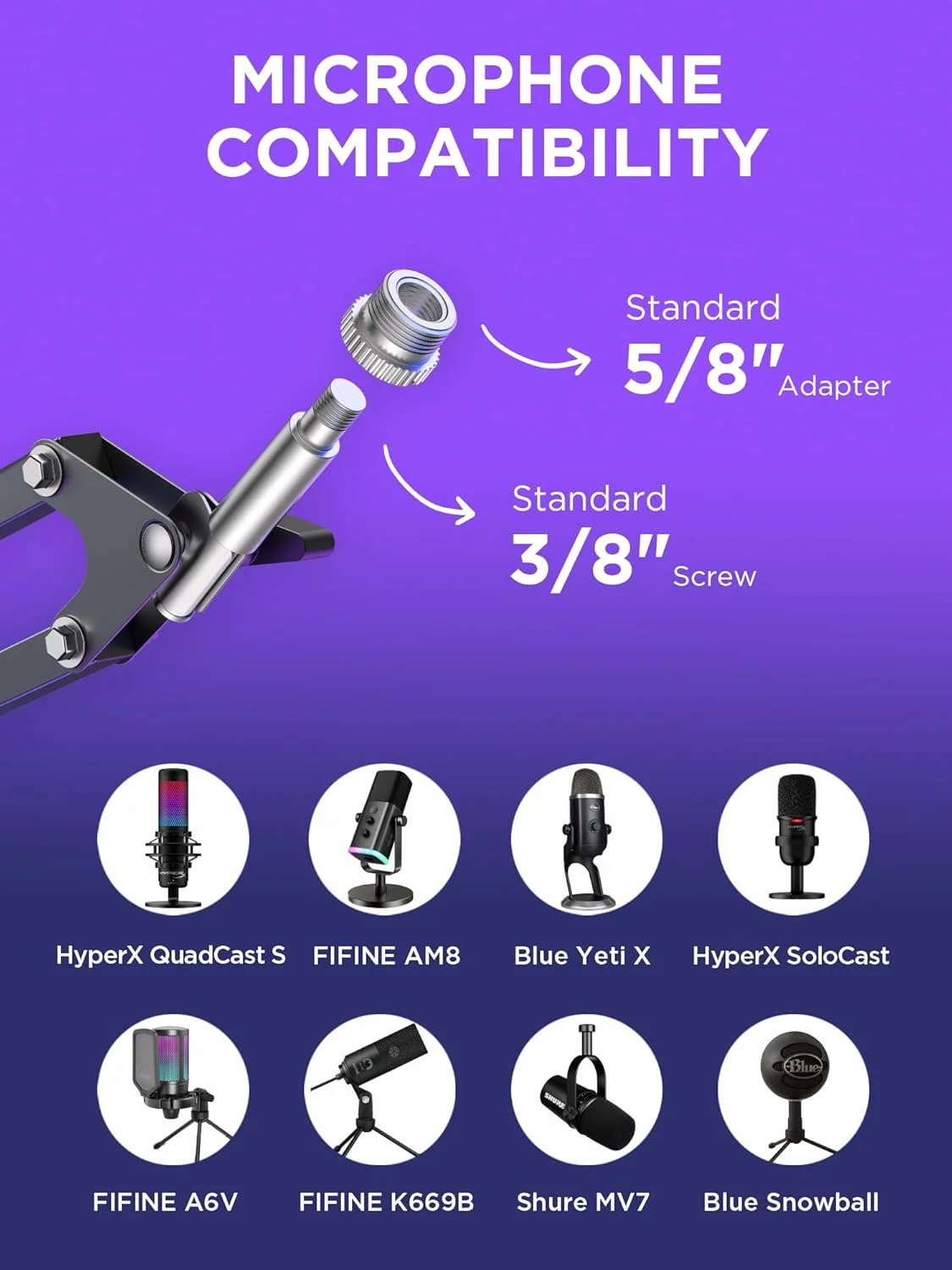 پایه میکروفون بازویی InnoGear مناسب برای میکروفون‌های Blue Yeti HyperX QuadCast SoloCast Snowball Fifine Shure SM7B و سایر میکروفون‌ها، بزرگ