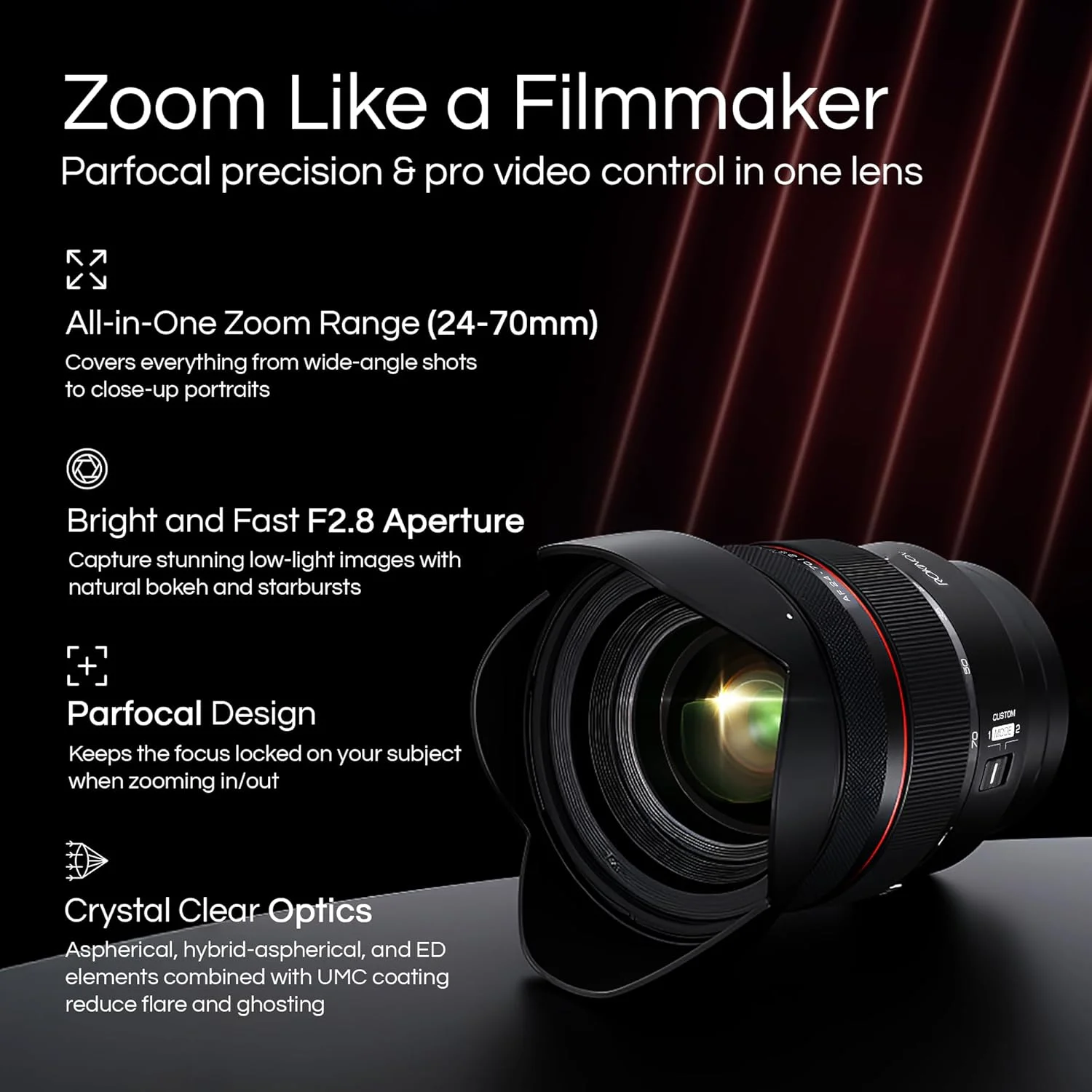 لنز زوم فول فریم 24-70 میلی‌متری با فوکوس خودکار Rokinon AF f/2.8 برای Sony E (IO2470AFZ-E)