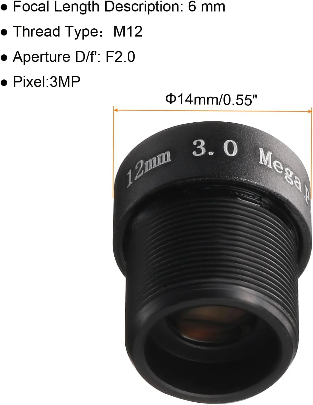 لنز دوربین مداربسته زاویه باز 12 میلی‌متری 3 مگاپیکسلی F2.0 کوارکزمن، رزوه M12، بدنه پلاستیکی مشکی