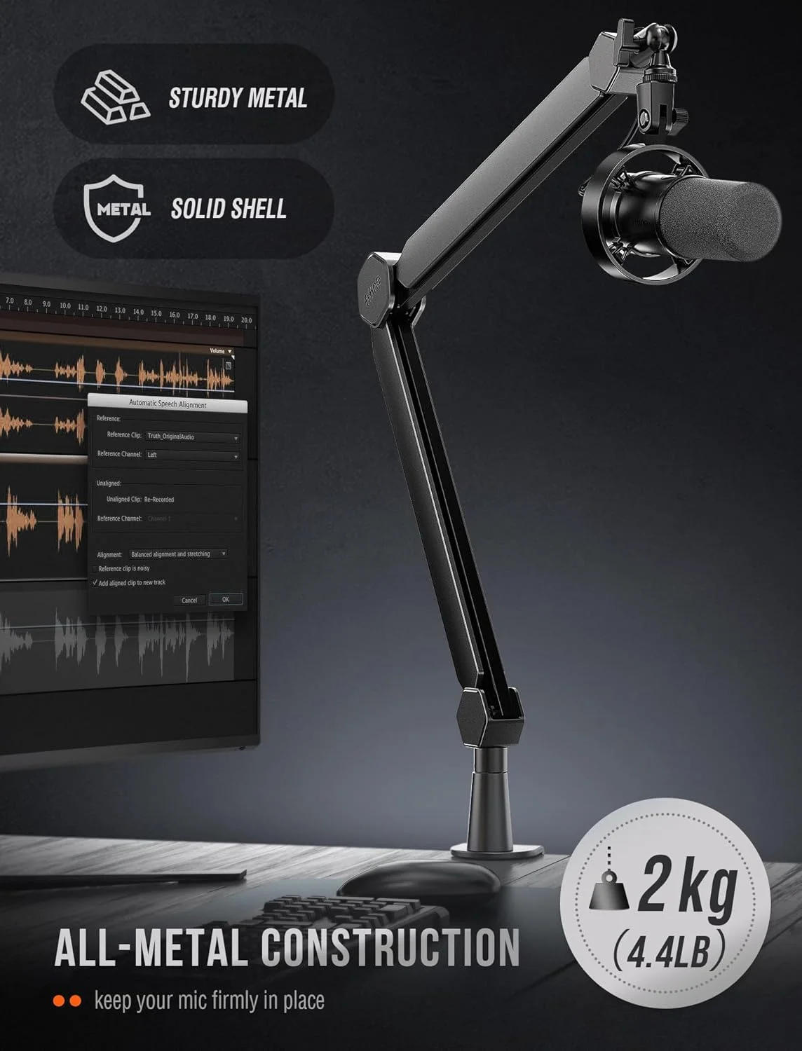 بازوی بوم میکروفون FIFINE، پایه میکروفون با کانال مدیریت کابل، کاملاً قابل تنظیم، پایه میکروفون فلزی سنگین با گیره نصب رومیزی برای ضبط پادکست در دفتر کار خانگی - BM66
