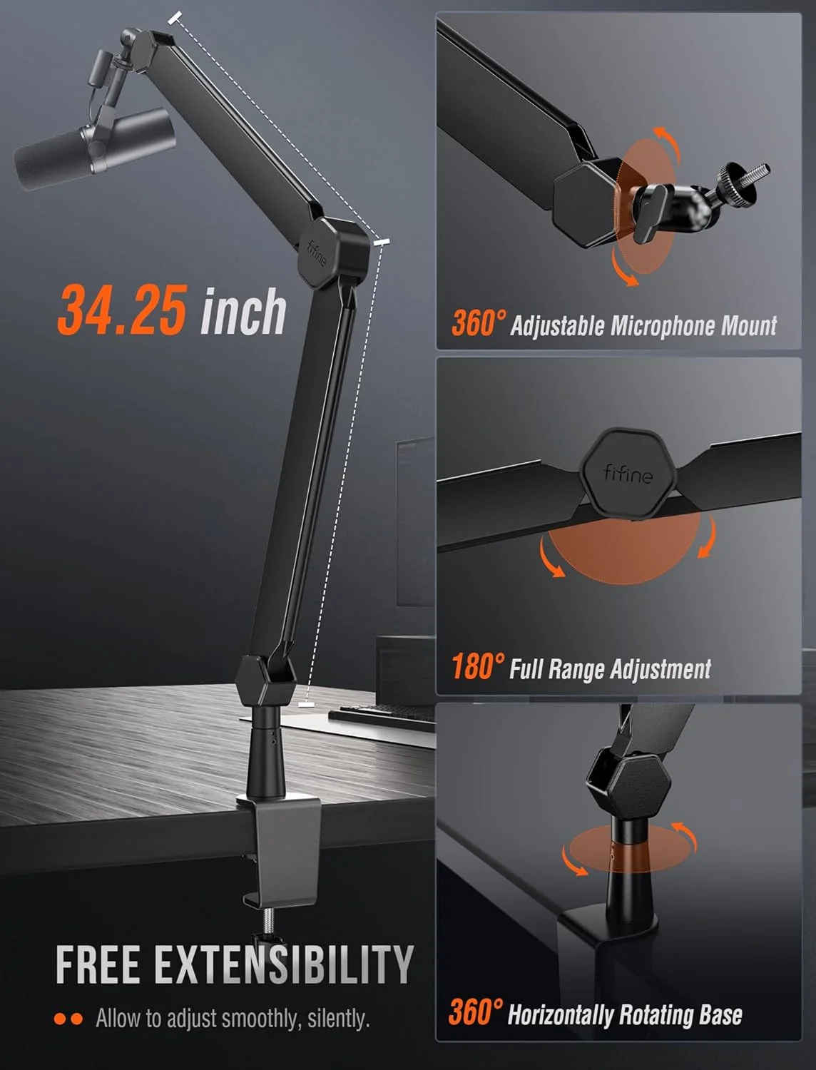 بازوی بوم میکروفون FIFINE، پایه میکروفون با کانال مدیریت کابل، کاملاً قابل تنظیم، پایه میکروفون فلزی سنگین با گیره نصب رومیزی برای ضبط پادکست در دفتر کار خانگی - BM66
