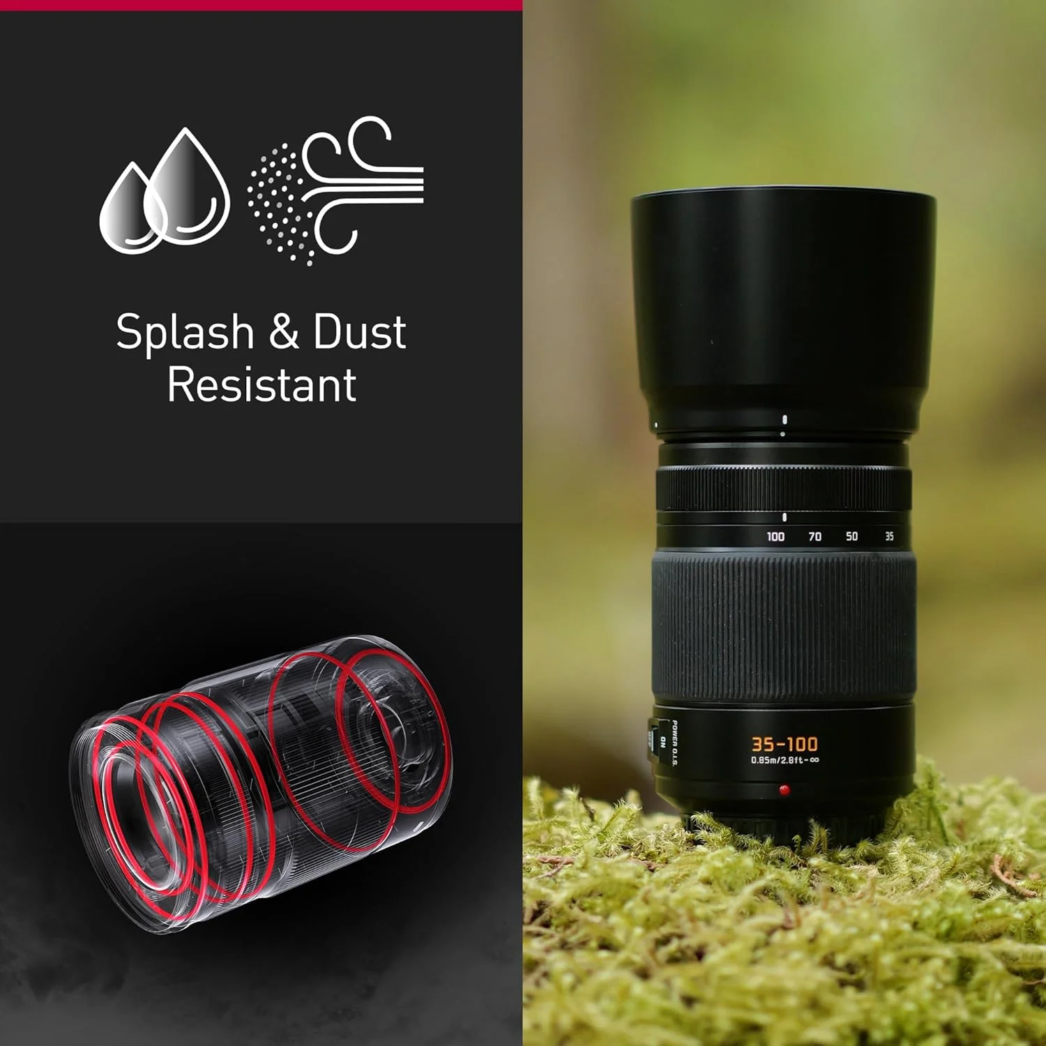 لنز زوم تله فوتو پاناسونیک Lumix H-ES35100E Leica DG Vario-Elmarit 35-100mm F2.8، لنز دوربین Micro Four Thirds، لنز تله فوتو، Power OIS، مقاوم در برابر پاشش آب/گرد و غبار/یخ زدگی، ایده آل برای فیلمبرداری، مشکی