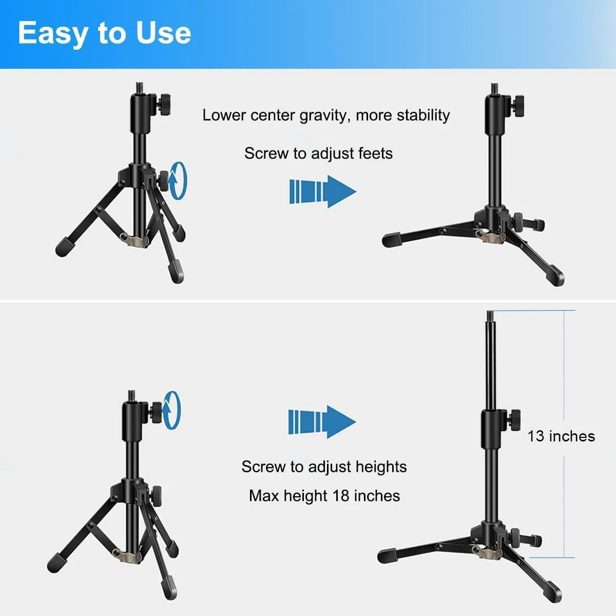 پایه میکروفون رومیزی Azonee، سه پایه میکروفون، پایه میکروفون کوچک با قابلیت تنظیم ارتفاع به همراه پاپ فیلتر، لرزه گیر، گیره میکروفون و آداپتور 1/4 اینچ به 5/8 اینچ برای Blue Yeti Snowball
