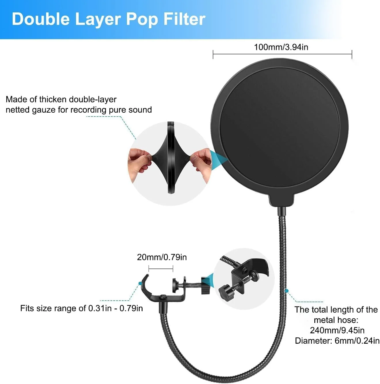 پایه میکروفون رومیزی Azonee، سه پایه میکروفون، پایه میکروفون کوچک با قابلیت تنظیم ارتفاع به همراه پاپ فیلتر، لرزه گیر، گیره میکروفون و آداپتور 1/4 اینچ به 5/8 اینچ برای Blue Yeti Snowball