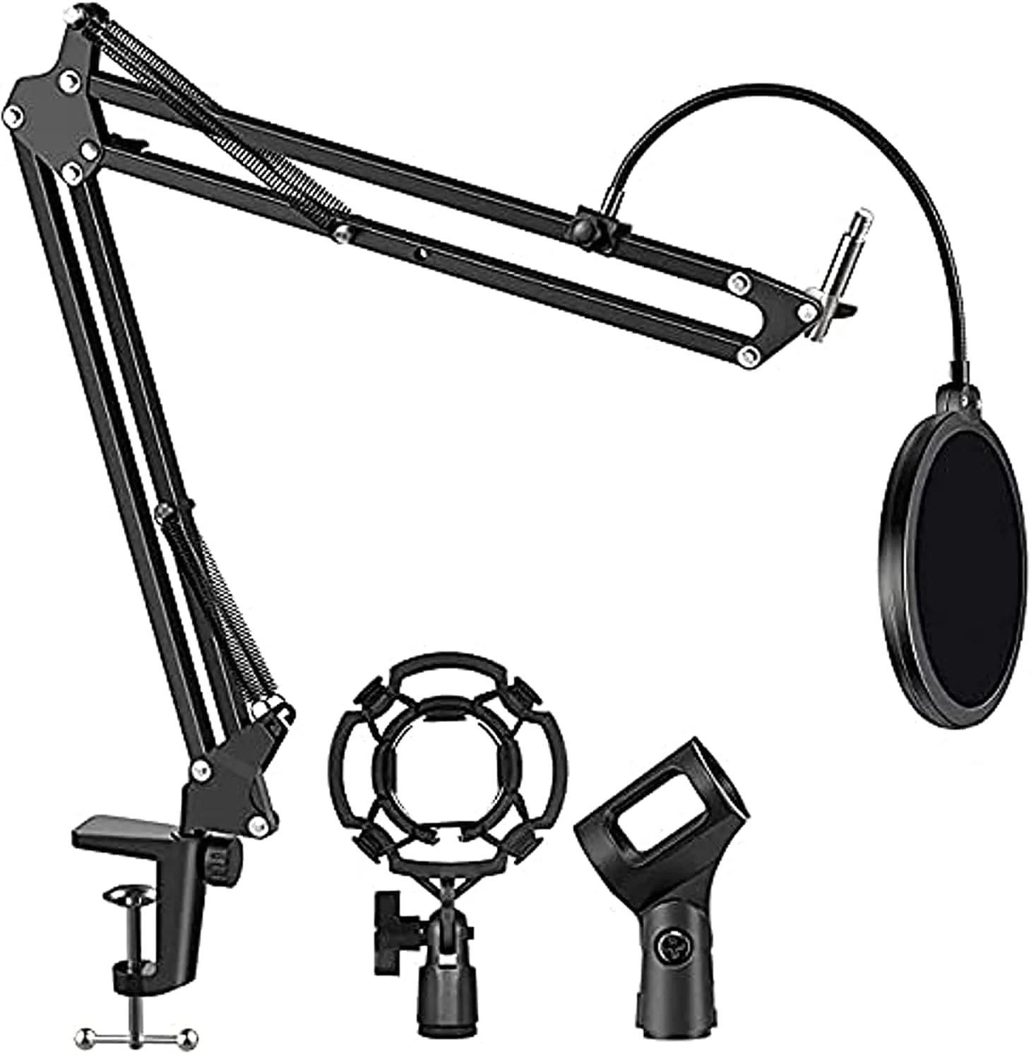 پایه میکروفون فلزی تاشو و قابل تنظیم با نگهدارنده ضد ضربه و فیلتر پاپ برای ضبط استودیویی، پخش زنده ویدیو و خوانندگی آنلاین