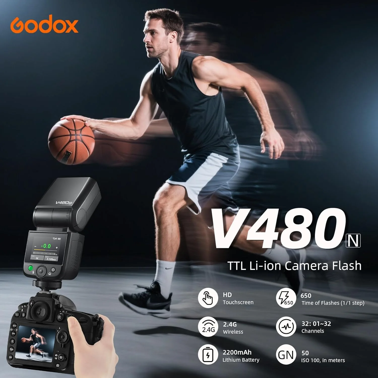 فلاش لیتیوم-یونی Godox V480-N TTL برای نیکون - GN50 دارای تریگر وایرلس داخلی، صفحه لمسی 2.0 اینچی، همگامسازی پرسرعت 1/8000 ثانیه، 650 فلاش با قدرت کامل، زمان بازیافت 1.7 ثانیه، لامپ مدلینگ LED برای عکاسی پرتره و محصول فلاش لیتیوم-یونی Godox V480-N TTL برای نیکون - GN50 دارای تریگر وایرلس داخلی، صفحه لمسی 2.0 اینچی، همگامسازی پرسرعت 1/8000 ثانیه، 650 فلاش با قدرت کامل، زمان بازیافت 1.7 ثانیه، لامپ مدلینگ LED برای عکاسی پرتره و محصول