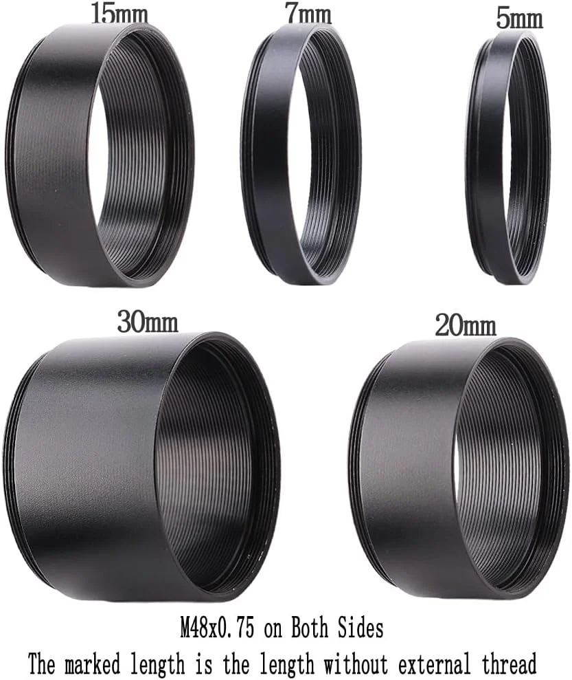 مجموعه لوله افزایش طول 2 اینچی M48 — رینگ‌های 5/7/15/20/30 میلی‌متری — رزوه نر و ماده M48×0.75 — برای فلتنرها و چشمی‌ها — مجموعه 5 رینگ