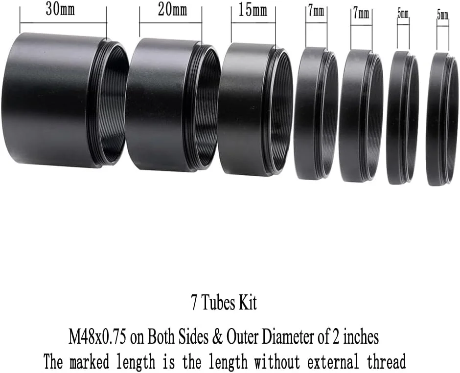 کیت لوله افزایش طول تلسکوپ M48-2 اینچی برای دوربین های SLR و چشمی ها - طول 5 میلی متر، 5 میلی متر، 7 میلی متر، 7 میلی متر، 15 میلی متر، 20 میلی متر، 30 میلی متر - M48x0.75 در هر دو طرف و قطر خارجی 2 اینچ - کیت 7 لوله 2 اینچی