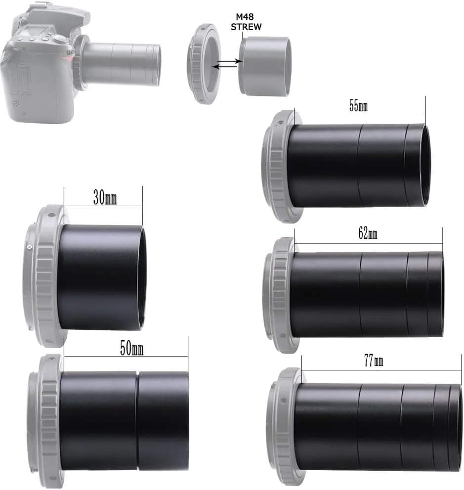 کیت لوله افزایش طول تلسکوپ M48-2 اینچی برای دوربین های SLR و چشمی ها - طول 5 میلی متر، 5 میلی متر، 7 میلی متر، 7 میلی متر، 15 میلی متر، 20 میلی متر، 30 میلی متر - M48x0.75 در هر دو طرف و قطر خارجی 2 اینچ - کیت 7 لوله 2 اینچی