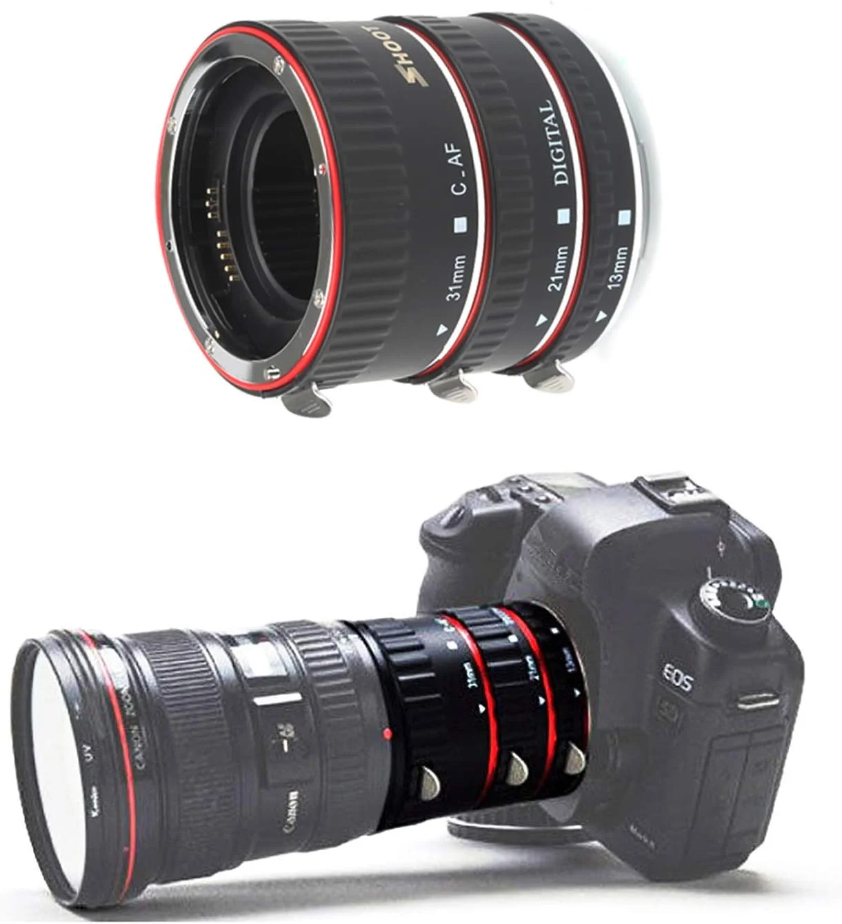 ست لوله های افزایش فاصله ماکرو با فوکوس خودکار SHOOT AF برای دوربین های DSLR کانن EOS EF EF-S مدل های 1100D 700D 650D 600D 550D 500D 450D 400D 350D 300D 100D 70D (13mm 21mm 31mm)