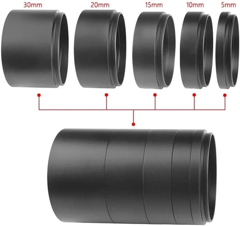 ست لوله های افزایش طول کانونی T2/M48x0.75، 5mm 10mm 15mm 20mm 30mm برای عکاسی تلسکوپ نجومی با حلقه T ست لوله های افزایش طول کانونی T2/M48x0.75، 5mm 10mm 15mm 20mm 30mm برای عکاسی تلسکوپ نجومی با حلقه T