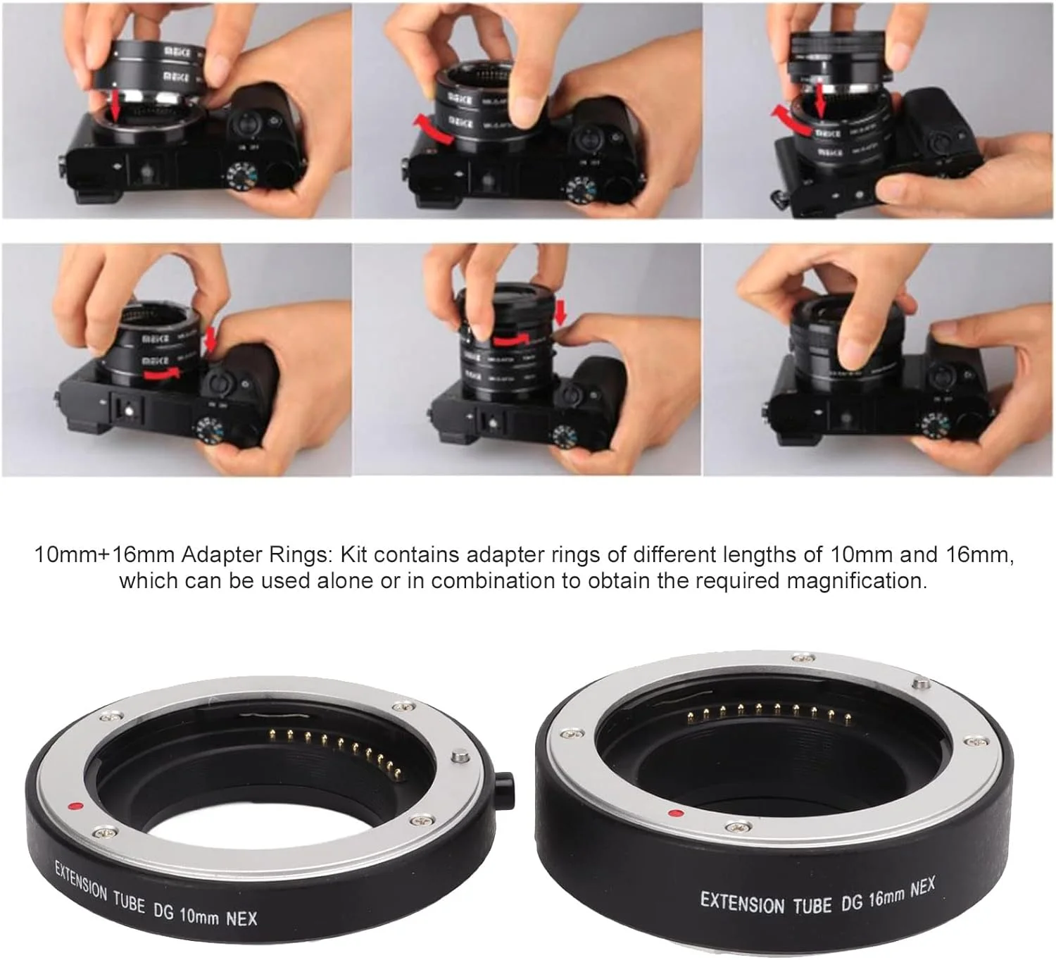 لوله افزایش فاصله فوکوس خودکار، آداپتور بادوام، سبک و با دقت بالا 10 و 16 میلی‌متری برای عکس‌های کلوزآپ با مانت NEX برای دوربین‌های بدون آینه