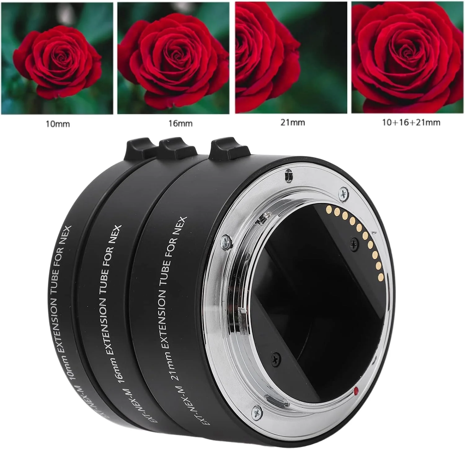 لوله افزایش فاصله ماکرو با فوکوس خودکار، 10mm 16mm 21mm برای لنزهای E Mount، آلیاژ آلومینیوم، عکاسی در فواصل نزدیک با بزرگنمایی بیشتر، به آسانی عکس های کلوزآپ از اشیاء کوچک بگیرید