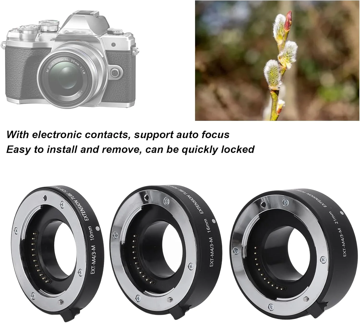 لوله افزایش فاصله فوکوس خودکار، آلیاژ آلومینیومی نصب آسان، قفل سریع برای دوربین های مانت M4/3 مناسب برای E-P3 E-P5