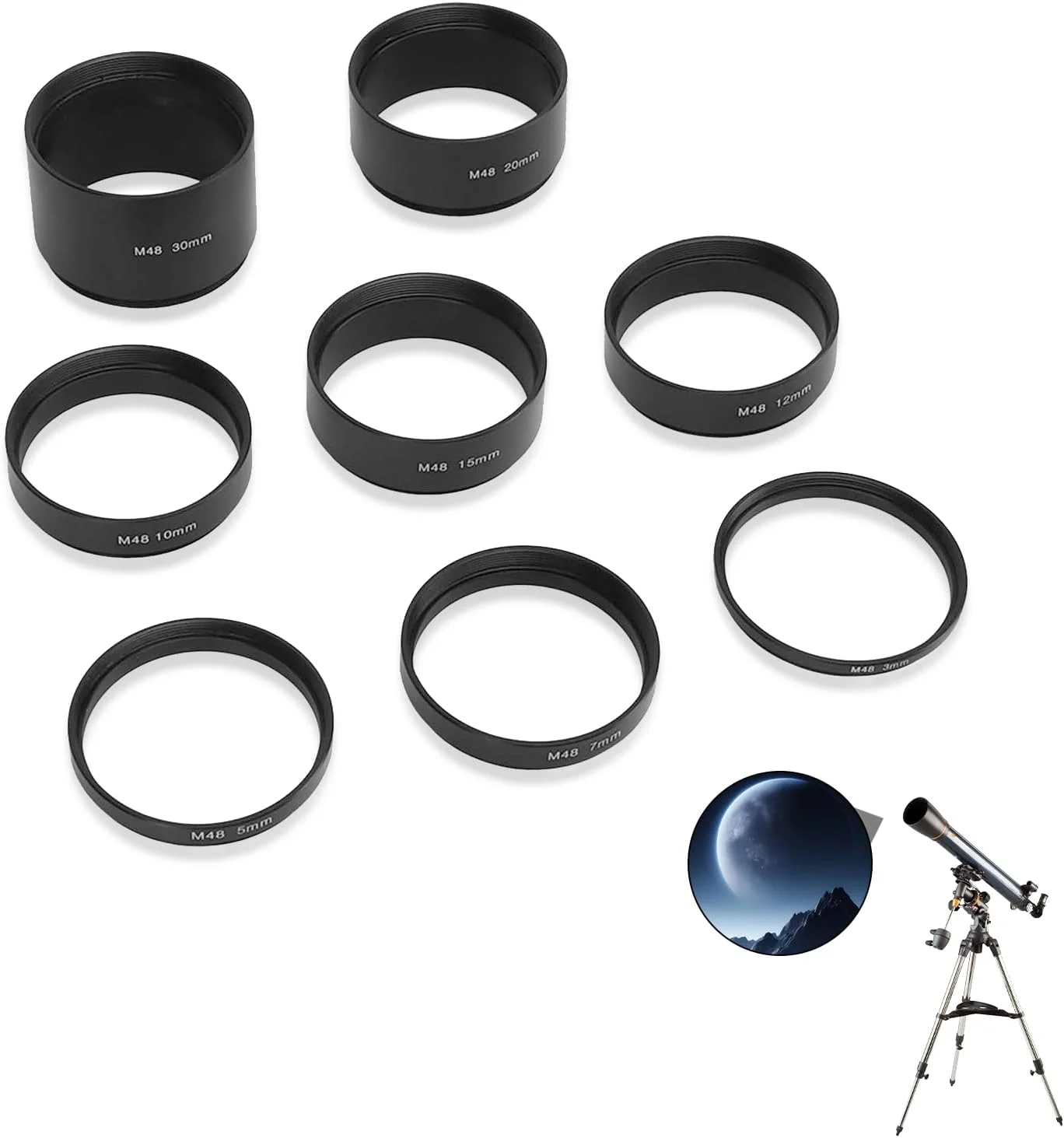 لوله افزایش طول کانونی Estink M48، M48x0.75 در هر دو طرف، حلقه افزایش طول 3، 5، 7، 10، 12، 15، 20، 30 میلی‌متری برای عکاسی تلسکوپ نجومی