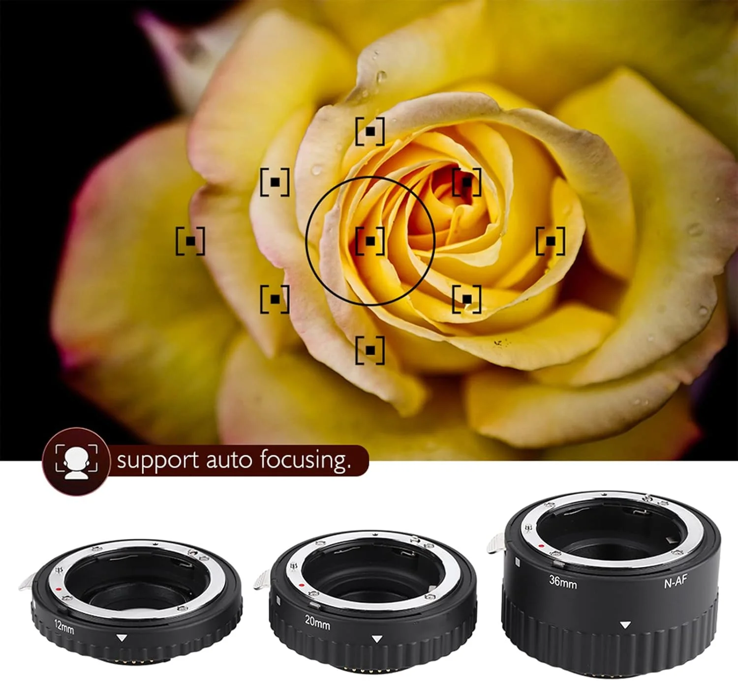 مجموعه لوله های افزایش طول ماکرو با فوکوس خودکار، 12mm، 20mm و 36mm حلقه آداپتور لوله افزایش طول ماکرو با فوکوس خودکار برای دوربین های DSLR با مانت Nikon F، برای Nikon D7100 D7000 D5300 (N-AF-B)