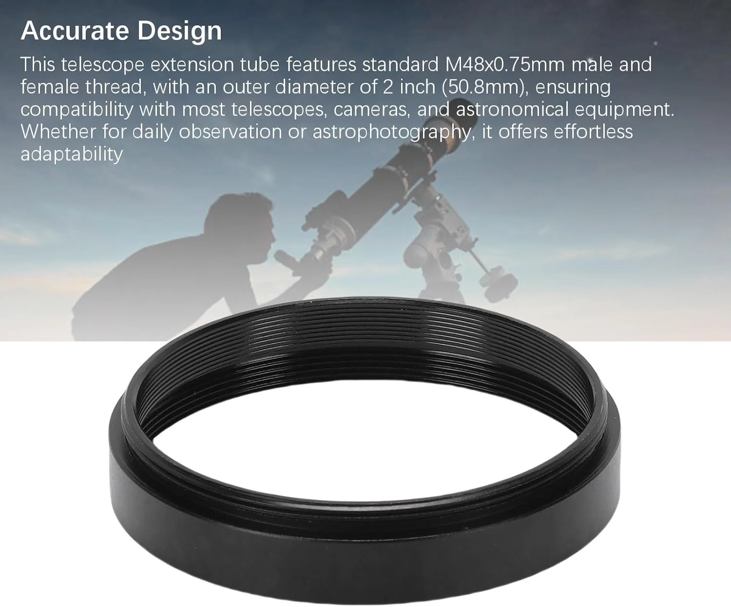 لوله افزایش طول تلسکوپ Bewinner 2 اینچی M48X0.75، آداپتور فاصله کانونی آلیاژ آلومینیوم 7 میلی‌متری برای دوربین نجومی و عکاسی نجومی