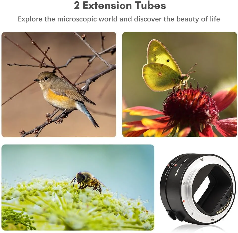 مجموعه لوله های ماکرو افزایش طول خودکار 12mm 24mm با پایه R، سبک و سازگار با لنزهای دارای پایه Canon RF و دوربین های Canon R5 R6 R7 R10