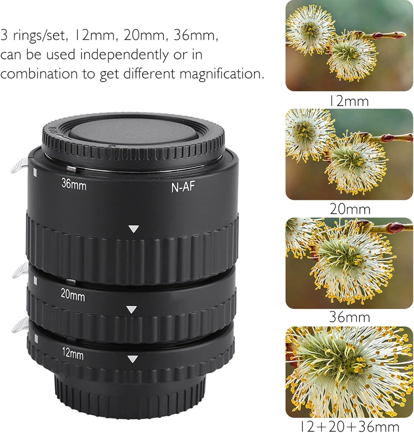 مجموعه لوله های افزایش طول ماکرو با فوکوس خودکار، 12mm، 20mm و 36mm حلقه آداپتور لوله افزایش طول ماکرو با فوکوس خودکار برای دوربین های DSLR با مانت Nikon F، برای Nikon D7100 D7000 D5300 (N-AF-B)