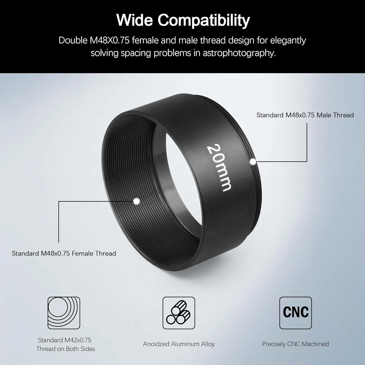 مجموعه لوله افزایش طول ۲ اینچی/M48 نجومی Astromania برای دوربین ها و چشمی ها - طول ۵ میلی متر، ۱۰ میلی متر، ۲۰ میلی متر، ۳۰ میلی متر - M48x0.75 در هر دو طرف