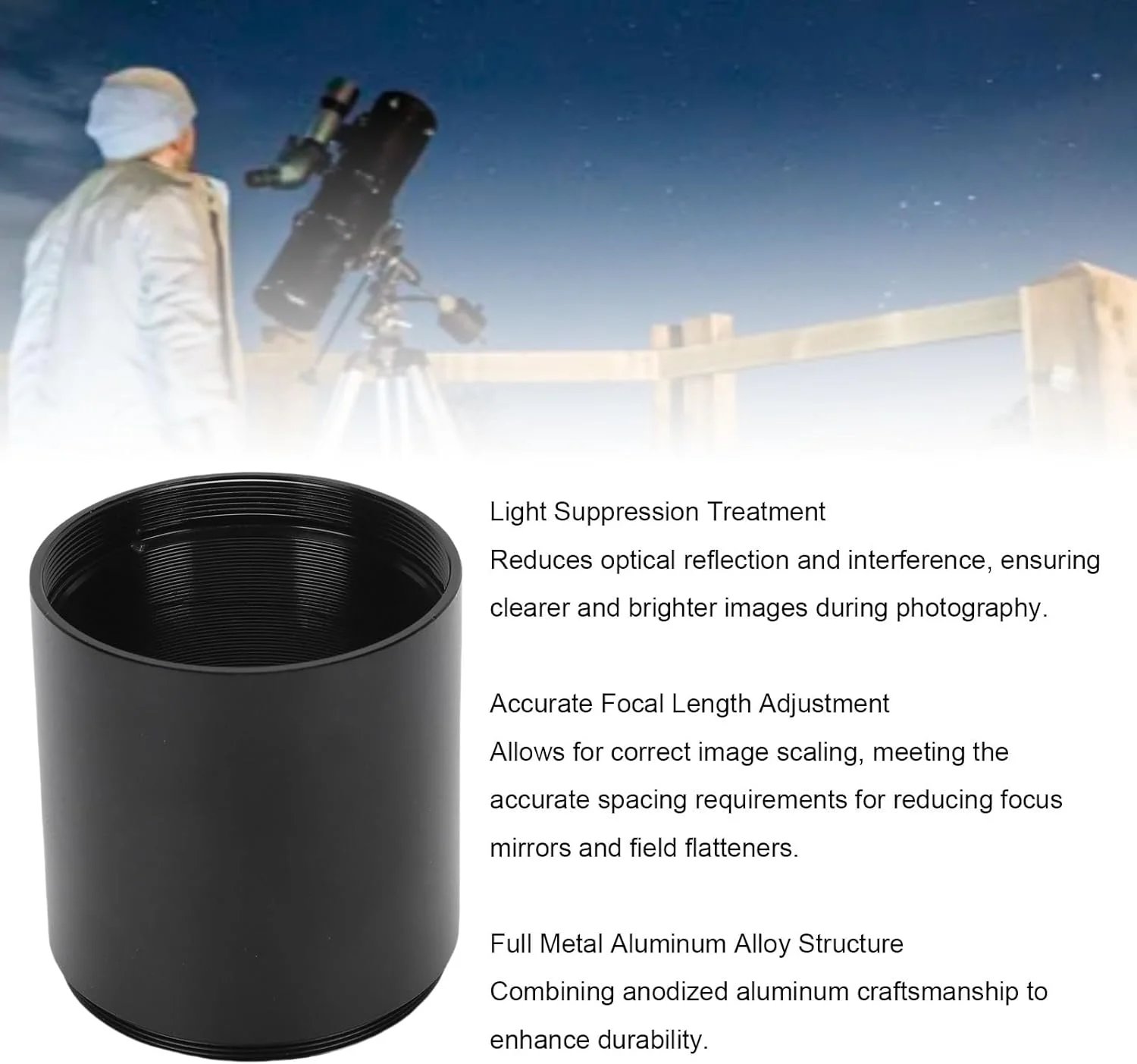 لوله افزایش طول تلسکوپ Asixxsix، آلیاژ آلومینیوم M48x0.75 50 میلی‌متری برای عکاسی نجومی با رزوه داخلی ضد بازتاب، سازگار با اکثر تلسکوپ‌ها و دوربین‌ها