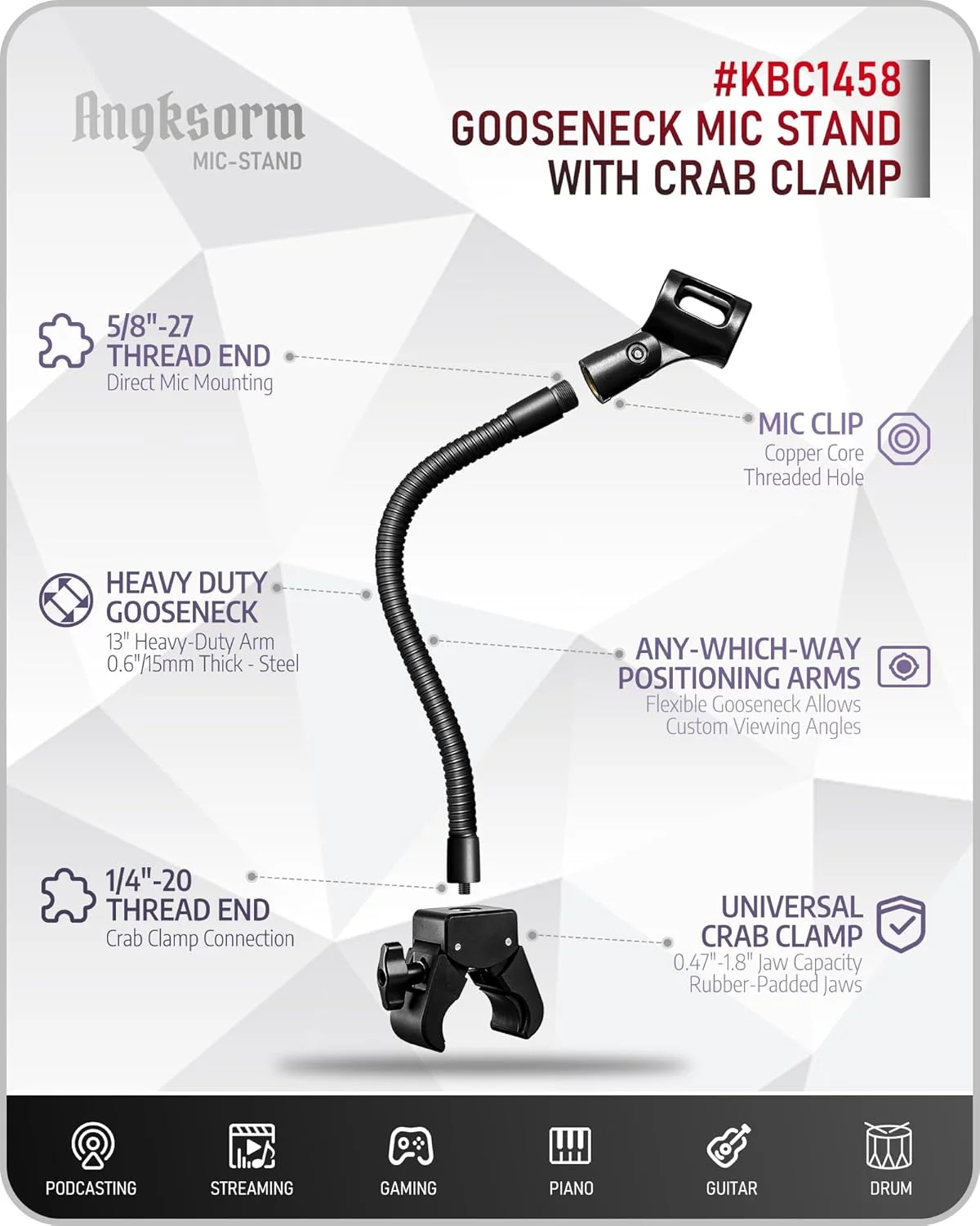 بازوی میکروفون گردن غازی انعطاف پذیر و مقاوم KBC1458 با گیره خرچنگی، پایه میکروفون قابل تنظیم 33 سانتی متری برای سه پایه، پادکست، استریم، بازی، دی جی، درام باس، سخنرانی