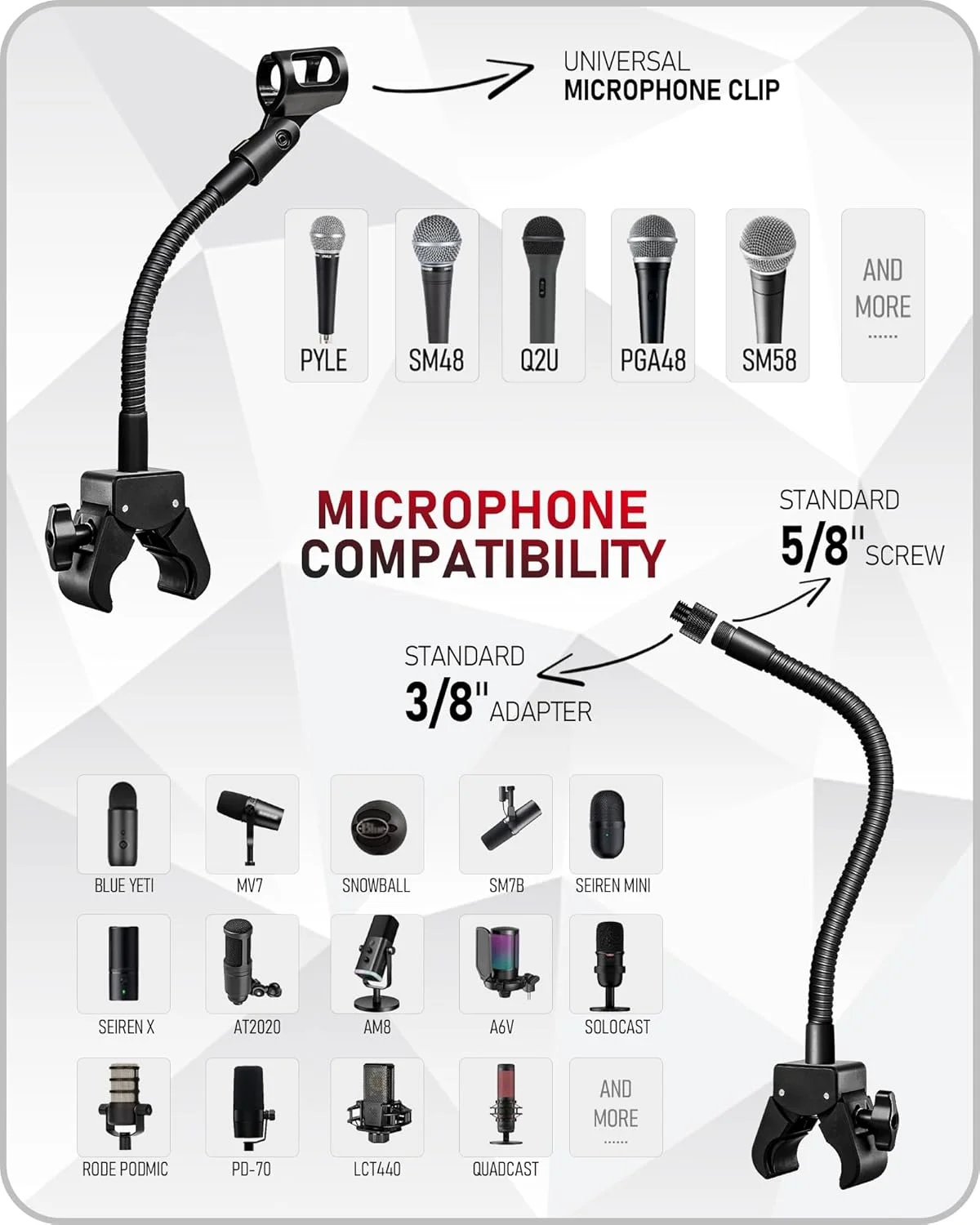بازوی میکروفون گردن غازی انعطاف پذیر و مقاوم KBC1458 با گیره خرچنگی، پایه میکروفون قابل تنظیم 33 سانتی متری برای سه پایه، پادکست، استریم، بازی، دی جی، درام باس، سخنرانی