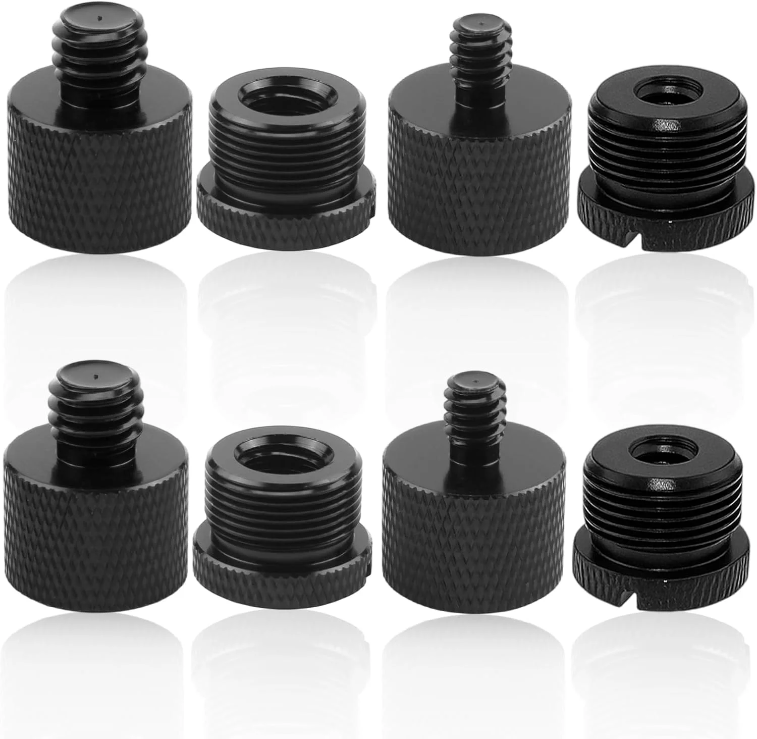 مجموعه 8 عددی آداپتور پایه میکروفون با تبدیل مادگی 5/8 اینچ به نری 3/8 اینچ، مادگی 3/8 اینچ به نری 5/8 اینچ، مادگی 5/8 اینچ به نری 1/4 اینچ، مادگی 1/4 اینچ به نری 5/8 اینچ برای میکروفون ها و تجهیزات صوتی